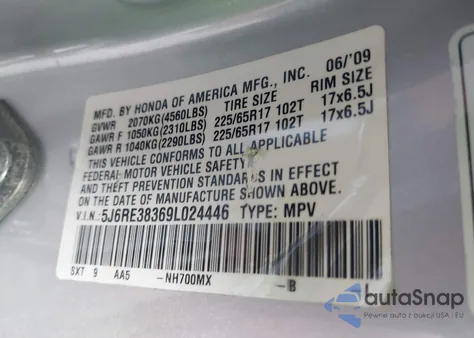 2009 Honda Cr-V Lx from USA, damaged, VIN 5J6RE38369L024446